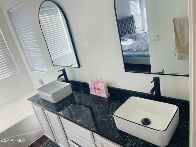 bathroom featuring vanity and a washtub