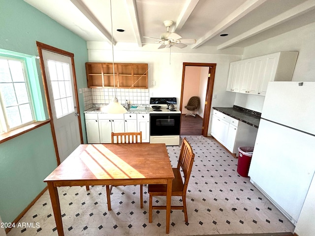 kitchen featuring beam ceiling, white appliances, white cabinets, and backsplash