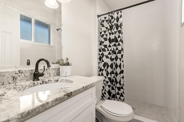 bathroom featuring vanity, curtained shower, and toilet