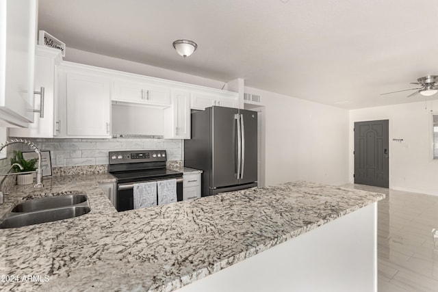 kitchen featuring white cabinets, sink, decorative backsplash, kitchen peninsula, and stainless steel appliances