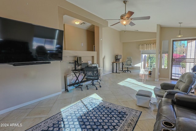 living room featuring ceiling fan, light tile patterned floors, and high vaulted ceiling