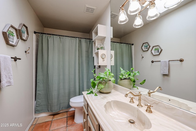 bathroom with walk in shower, toilet, a chandelier, vanity, and tile patterned flooring