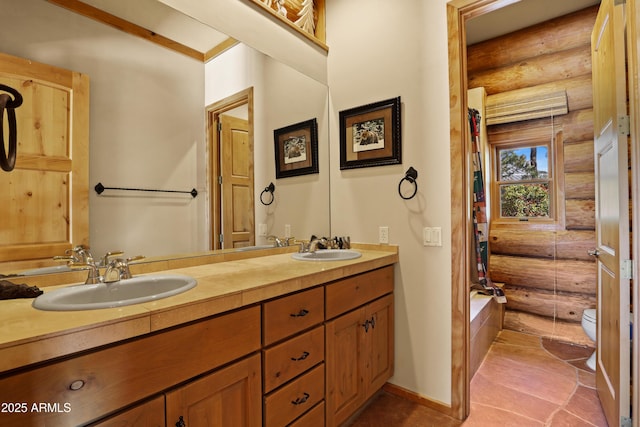 full bath with baseboards, log walls, toilet, and a sink
