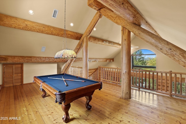 rec room with visible vents, recessed lighting, wood-type flooring, billiards, and vaulted ceiling with beams