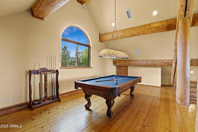 game room with billiards, wood-type flooring, lofted ceiling with beams, and baseboards