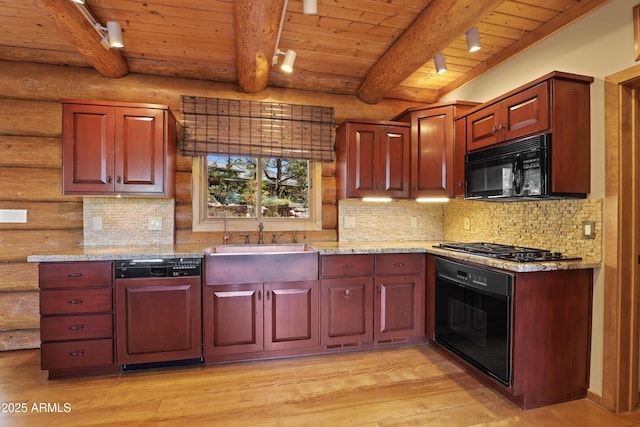 kitchen with black appliances, log walls, light wood-type flooring, and wood ceiling