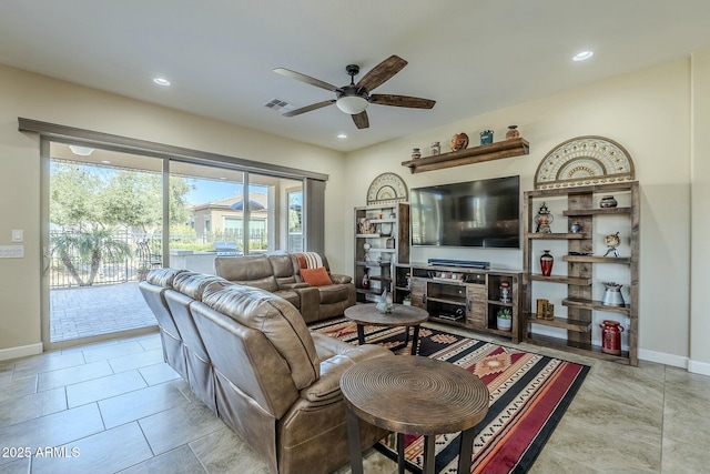 living room with ceiling fan