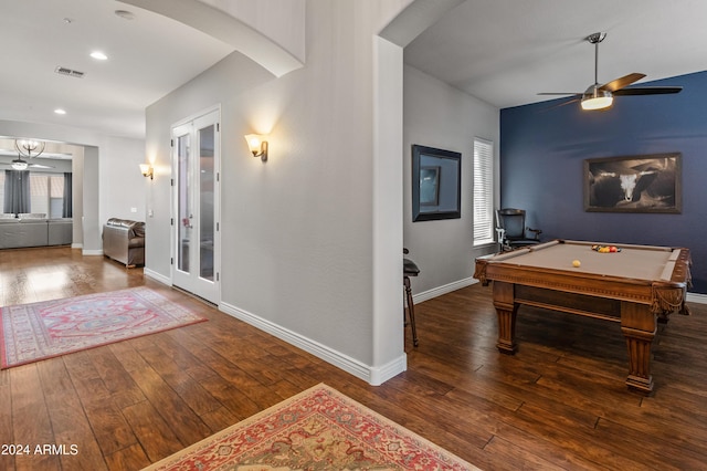 rec room with french doors, ceiling fan, dark wood-type flooring, and pool table