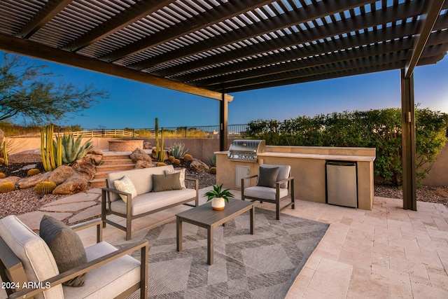 patio terrace at dusk featuring a grill, area for grilling, a pergola, and an outdoor hangout area