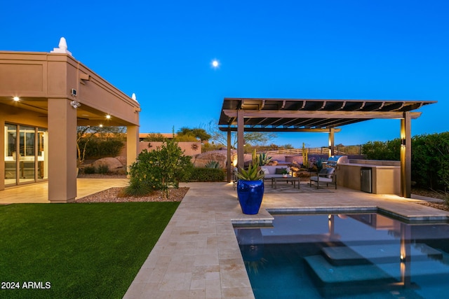 exterior space with ceiling fan, a patio area, a yard, a pergola, and area for grilling