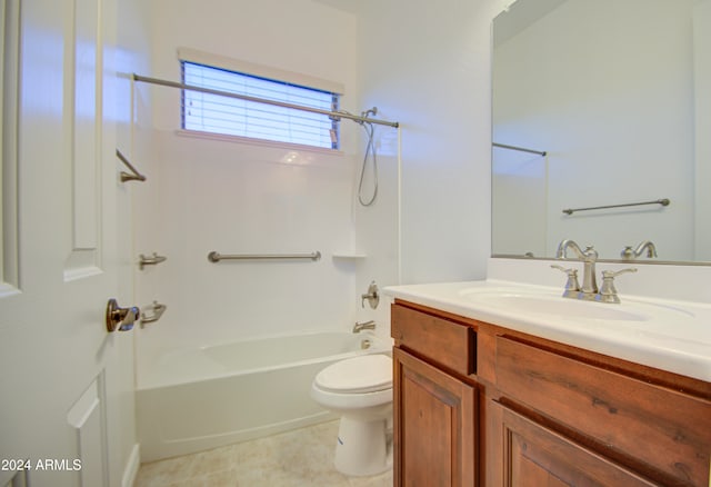 full bathroom featuring vanity, washtub / shower combination, and toilet