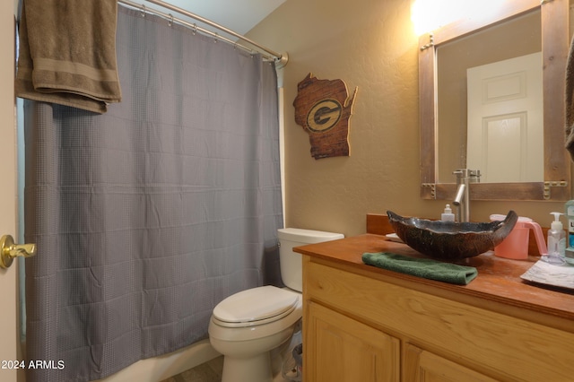 bathroom featuring vanity, curtained shower, and toilet