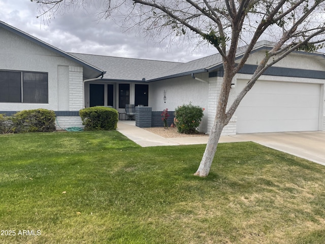 single story home with roof with shingles, brick siding, a front lawn, and an attached garage