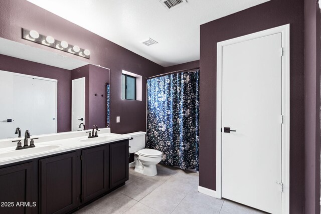 1120 N Val Vista Dr Unit 110, Gilbert, AZ 85234 - bathroom with tile patterned floors, toilet, double vanity, a shower with curtain, and baseboards