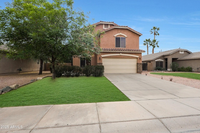 mediterranean / spanish-style home with a garage and a front yard