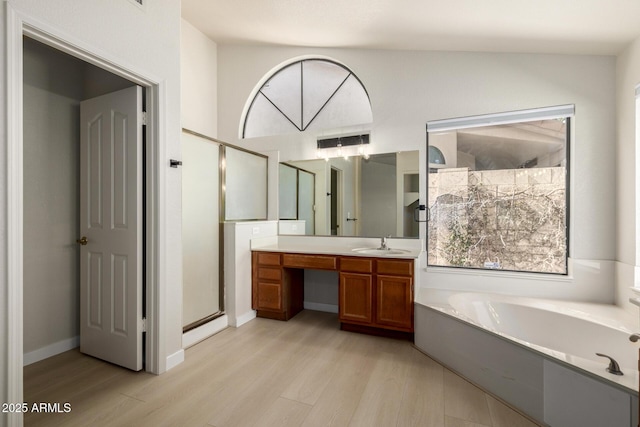 319 N Riata St, Gilbert, AZ 85234 - full bath with vanity, a bath, wood finished floors, and a stall shower