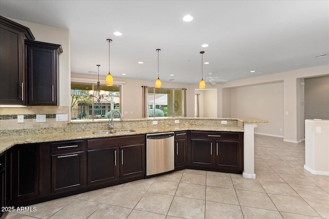 kitchen with sink, stainless steel dishwasher, backsplash, decorative light fixtures, and ceiling fan with notable chandelier