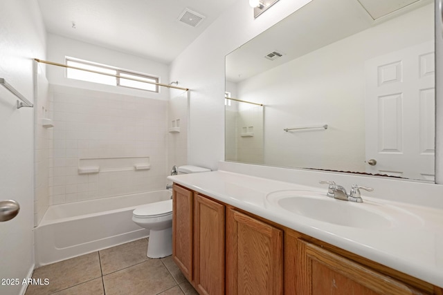 full bathroom with shower / bathing tub combination, toilet, vanity, and tile patterned flooring