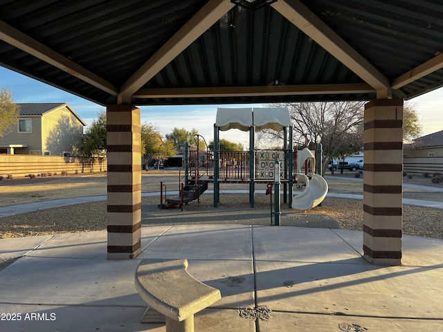 view of home's community with a playground and a gazebo