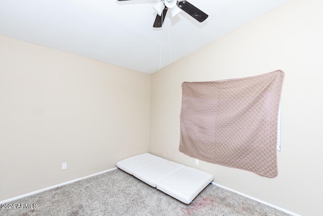 carpeted spare room with ceiling fan