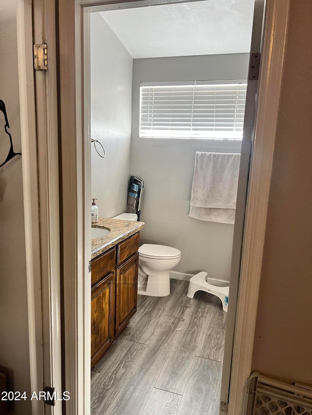 bathroom featuring hardwood / wood-style flooring, vanity, and toilet