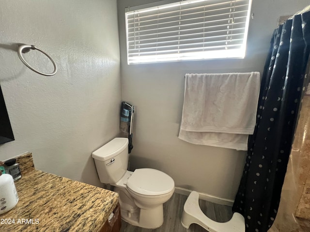 bathroom featuring curtained shower, toilet, and wood-type flooring