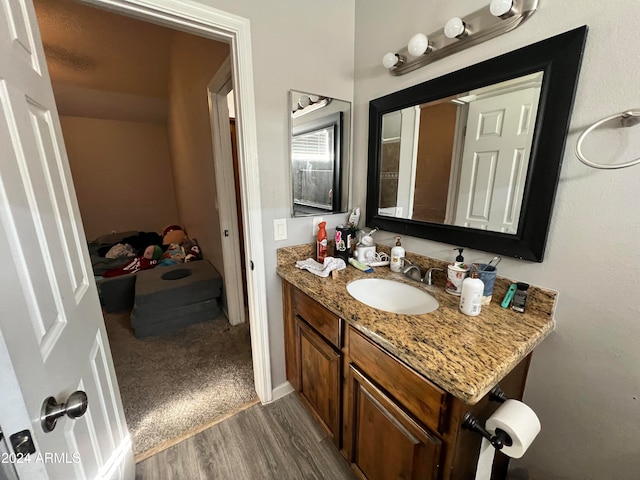 bathroom with hardwood / wood-style floors and vanity