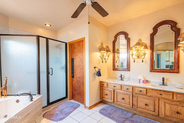 full bathroom with double vanity, a sink, a bath, and a shower stall