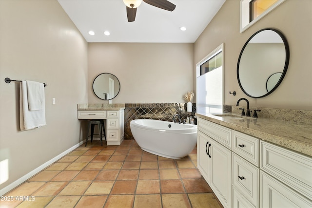 bathroom with ceiling fan, vanity, tile walls, tile patterned floors, and a bath