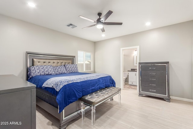 bedroom featuring baseboards, visible vents, ensuite bath, ceiling fan, and recessed lighting