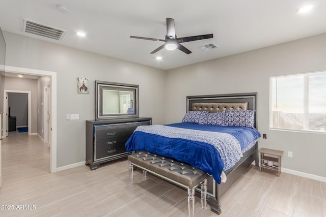 bedroom with baseboards, visible vents, a ceiling fan, and recessed lighting