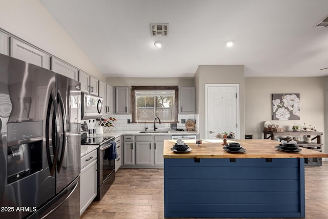 kitchen featuring stainless steel appliances, butcher block countertops, a sink, visible vents, and backsplash