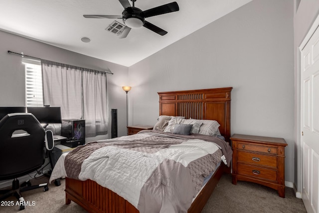 bedroom featuring vaulted ceiling, carpet floors, ceiling fan, and visible vents