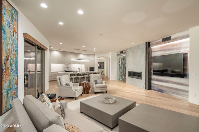 living room featuring a large fireplace and light hardwood / wood-style flooring