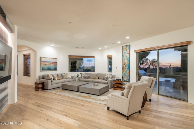 living room with light hardwood / wood-style flooring