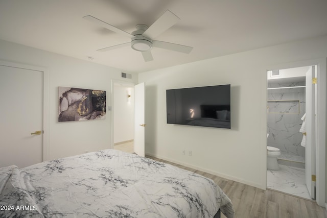 bedroom featuring baseboards, visible vents, a ceiling fan, connected bathroom, and marble finish floor