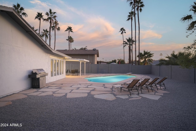 view of swimming pool featuring a fenced in pool, a patio area, a fenced backyard, and grilling area