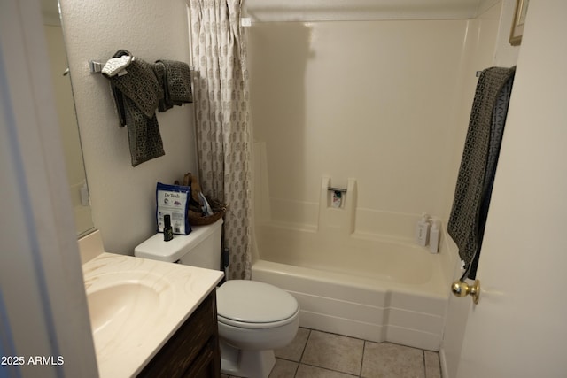 full bath featuring tile patterned floors, toilet, vanity, and shower / bathtub combination with curtain