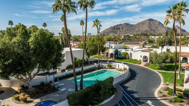 view of pool featuring a mountain view