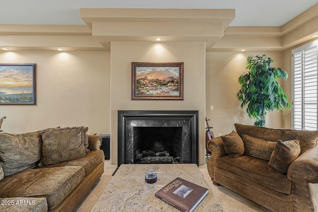 living room featuring a fireplace