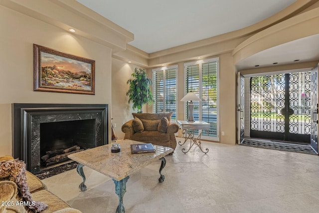 living room with a fireplace