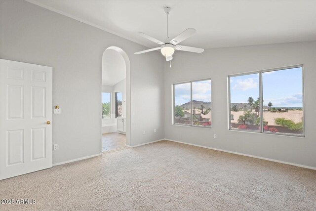 1453 E S Fork Dr, Phoenix, AZ 85048 - unfurnished room featuring lofted ceiling, carpet floors, ceiling fan, arched walkways, and baseboards