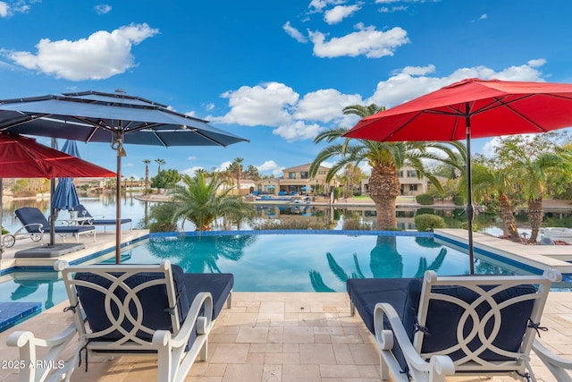 view of swimming pool with a water view and a patio area