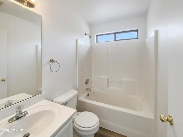 full bath with vanity, toilet, visible vents, and shower / washtub combination