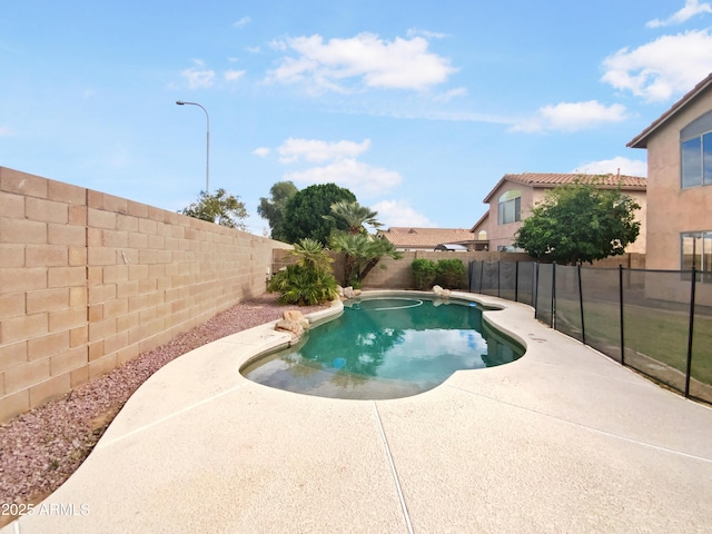 view of pool with a patio area, a fenced in pool, and a fenced backyard