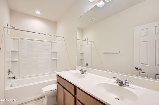 full bathroom featuring tile patterned flooring, shower / bathing tub combination, vanity, and toilet