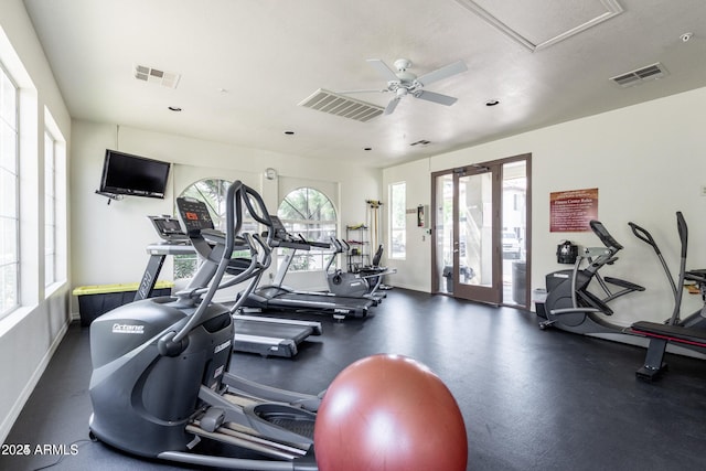 exercise room with ceiling fan