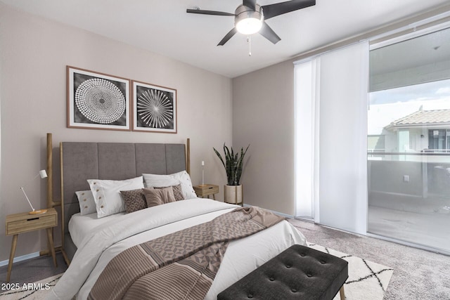 bedroom with ceiling fan and carpet