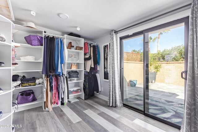 walk in closet with hardwood / wood-style floors