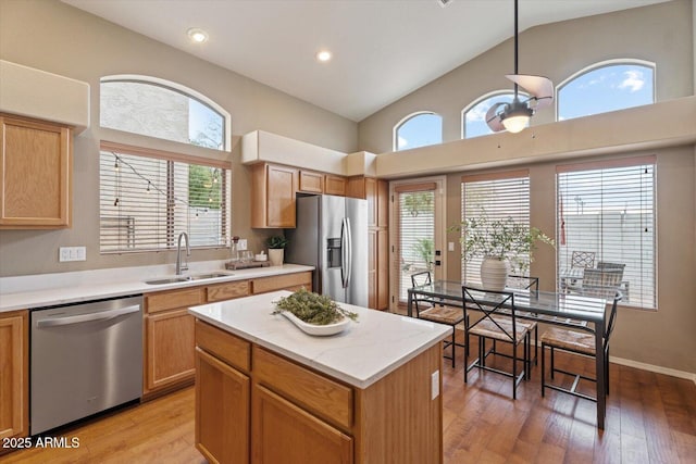 kitchen with light wood-type flooring, appliances with stainless steel finishes, a center island, and sink